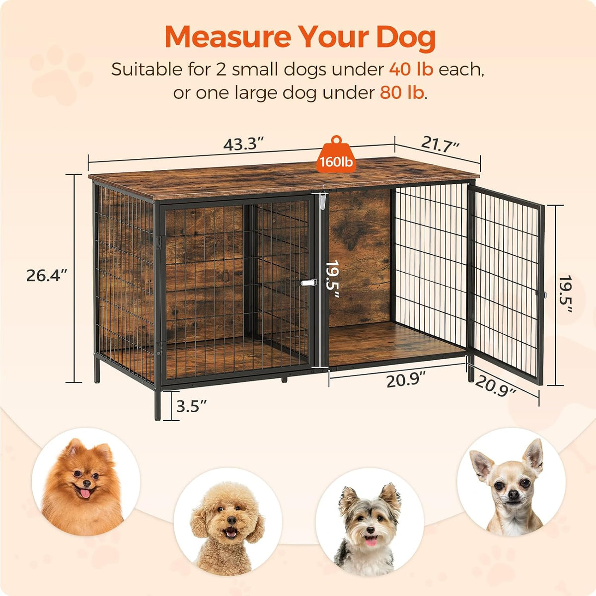mahancris dog crate furniture for 2 dogs, 43.3" showing dimensions