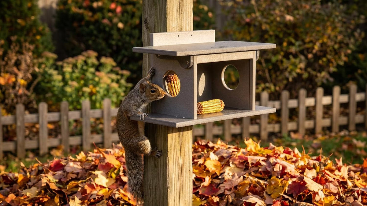corn feeder for squirrels, gray/light gray shown in use