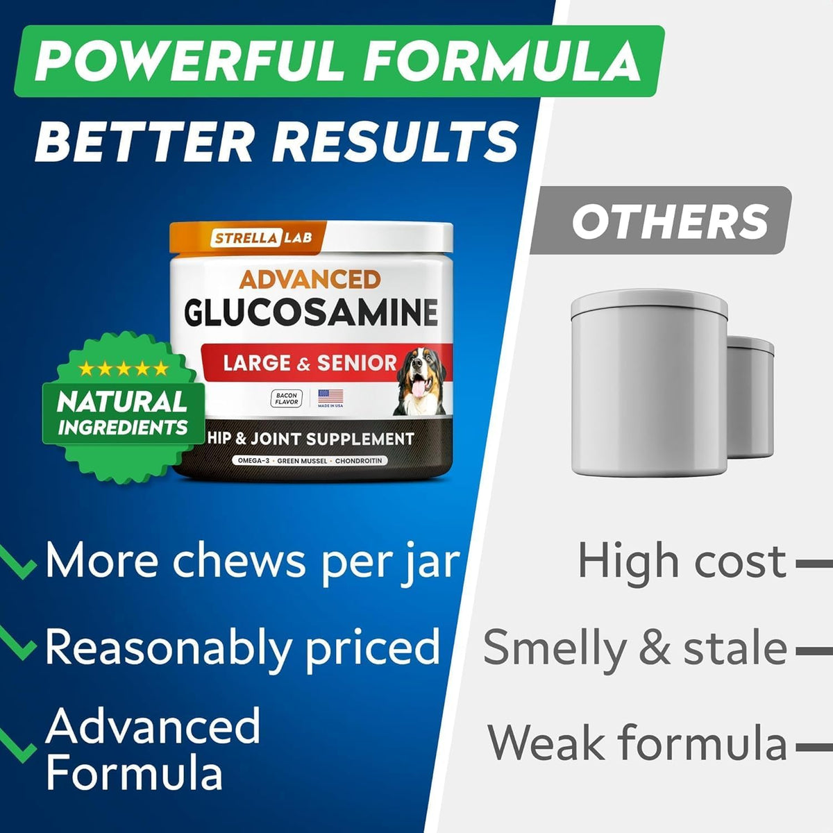 advanced glucosamine for dogs, collagen&green lipped mussel showing dimensions