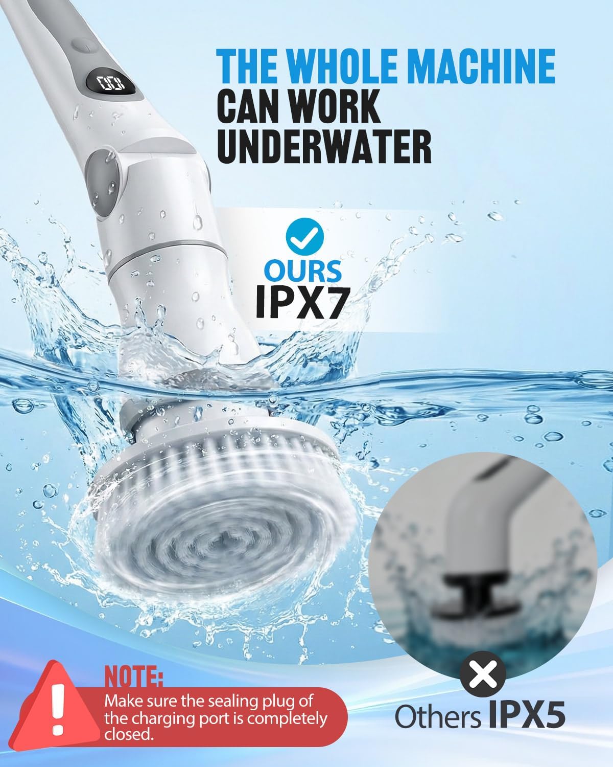 electric spin scrubber, cordless shower scrubber brush with, side view