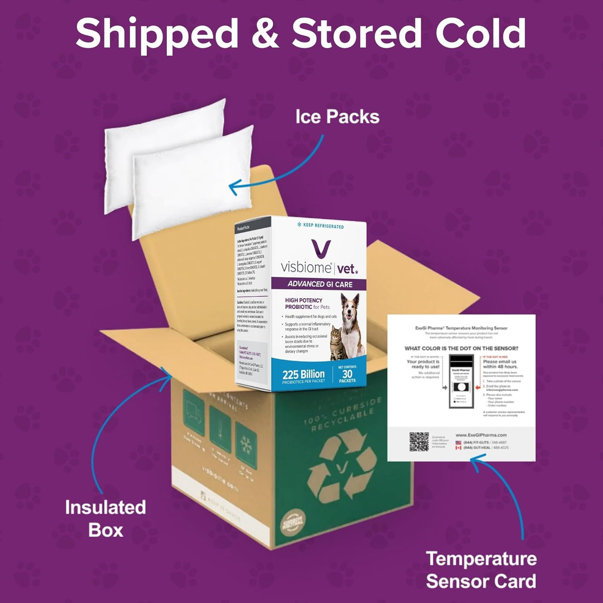 visbiome® vet advanced gi care probiotic for dogs showing dimensions