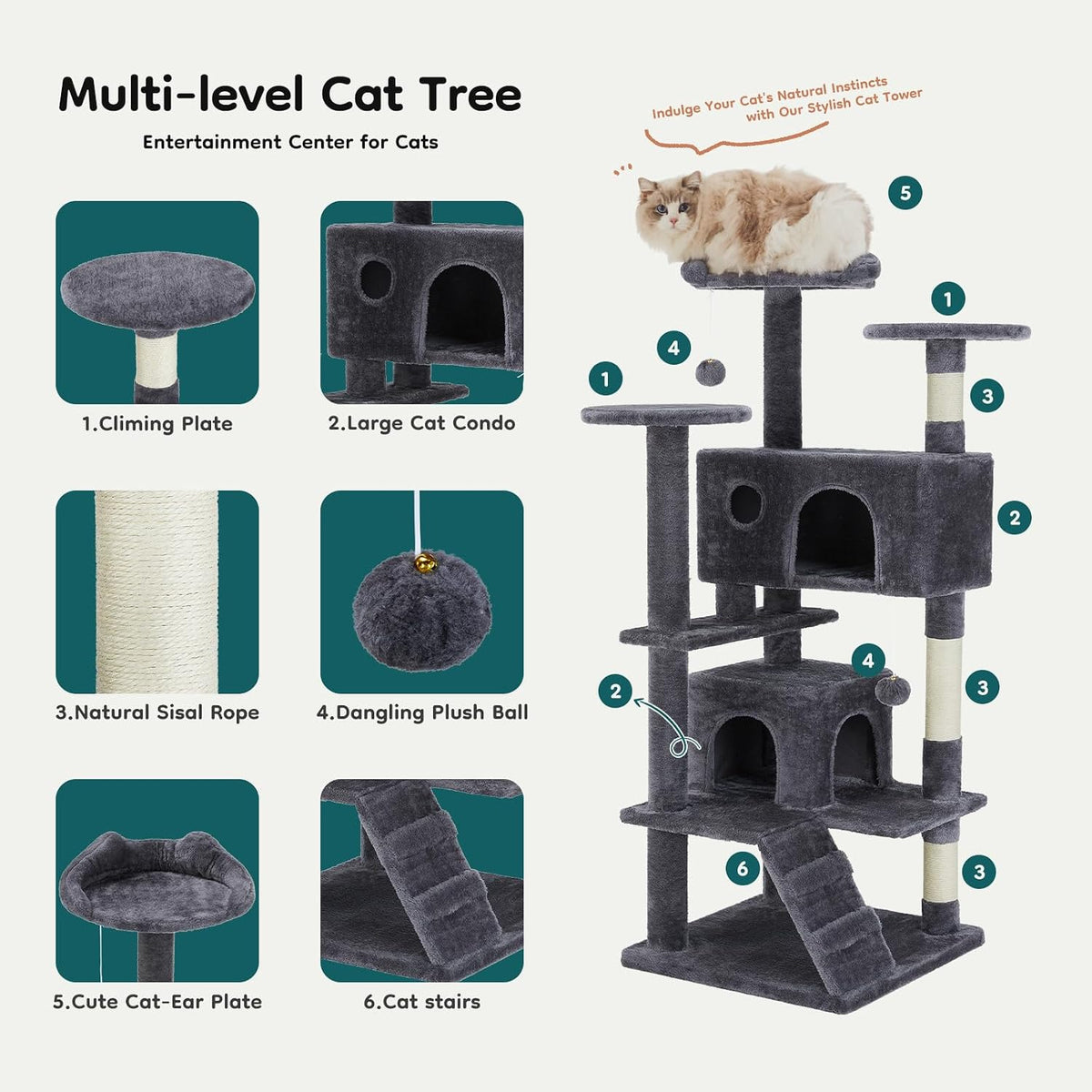dumos 54 inch cat tree tower with scratching, close-up detail