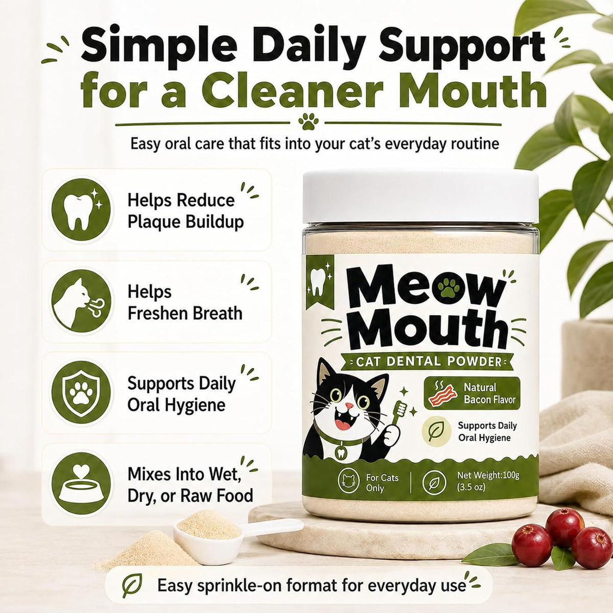 meow mouth cat dental powder, cat teeth cleaning shown in use