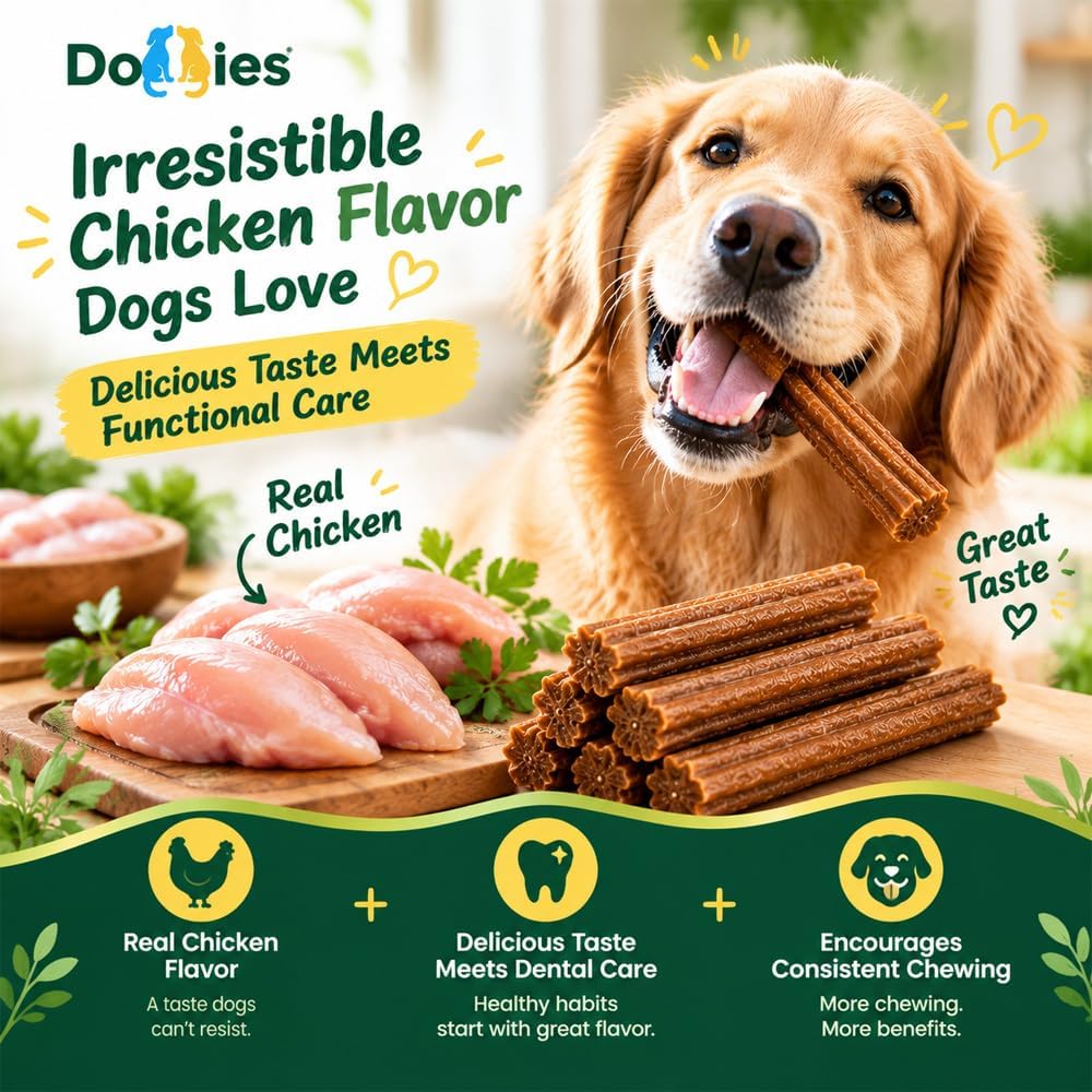 doggies dental treats with lactoferrin for dogs, chicken showing dimensions