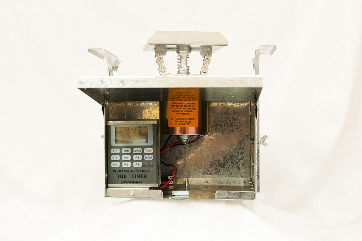 12 volt galvanized box feeder control unit with, close-up detail