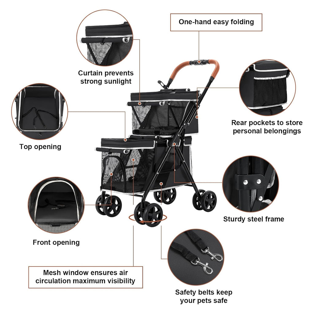 double pet stroller for 2 dogs & cats shown in use