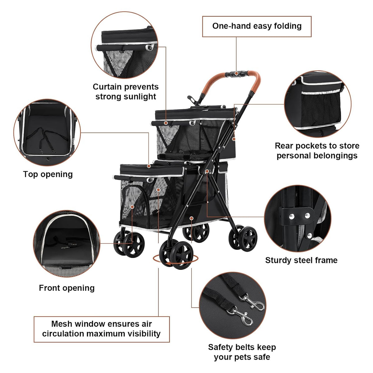 double pet stroller for 2 dogs & cats shown in use