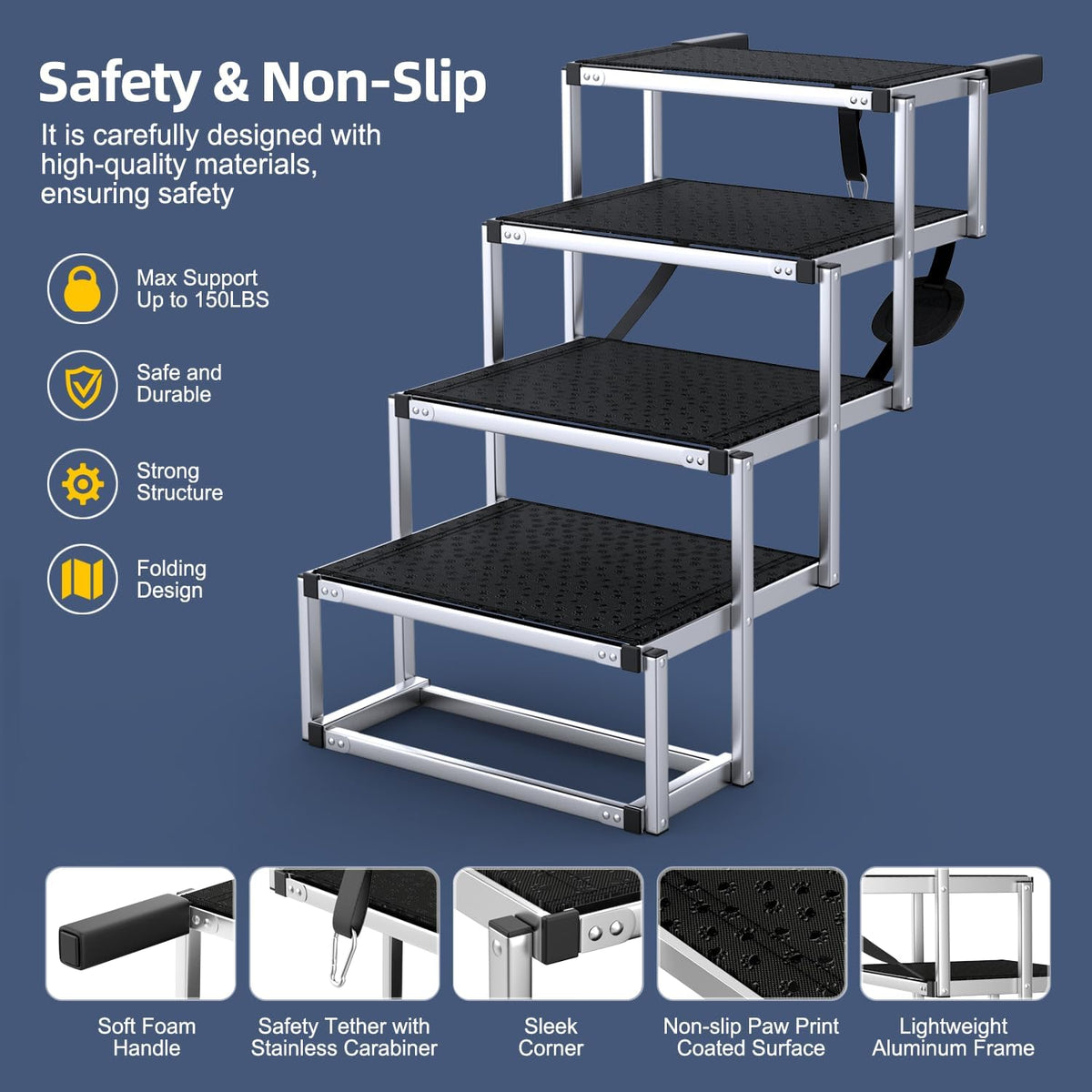 foldable dog stairs for car, 17" aluminum dog, side view