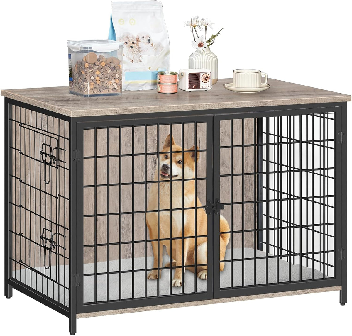 mahancris dog crate furniture with cushion, wooden dog, front angle view