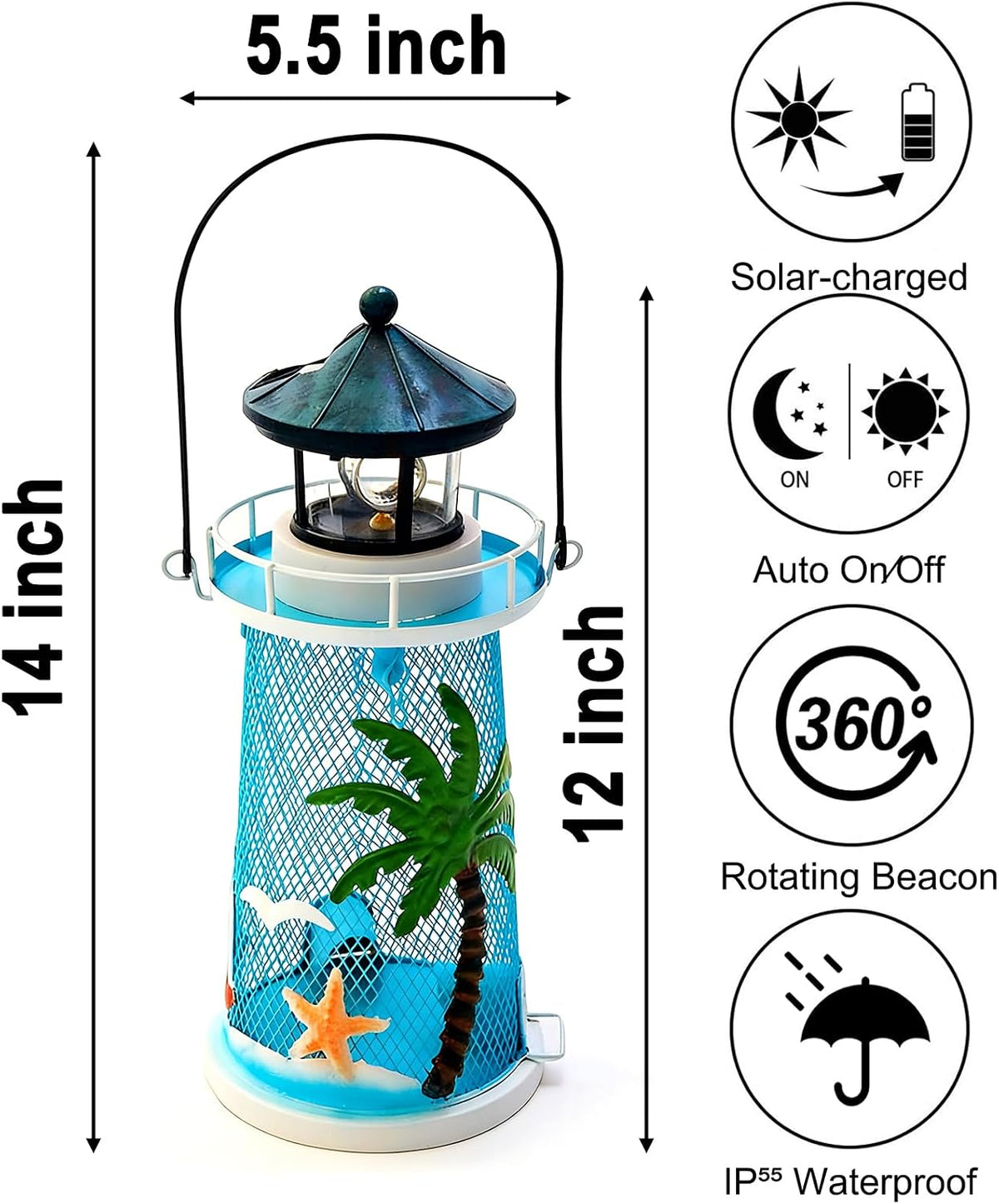 solar lighthouse bird feeder with rotating beacon, side view