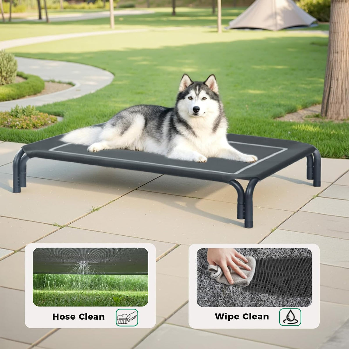elevated dog bed raised outdoor dog cot for, front angle view