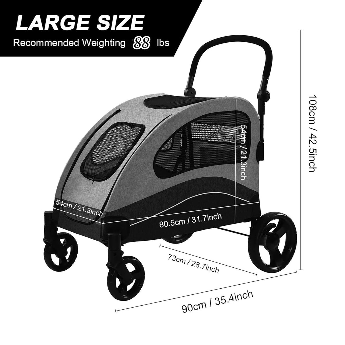 xl extra large dog stroller, all-terrain 4 wheel shown in use