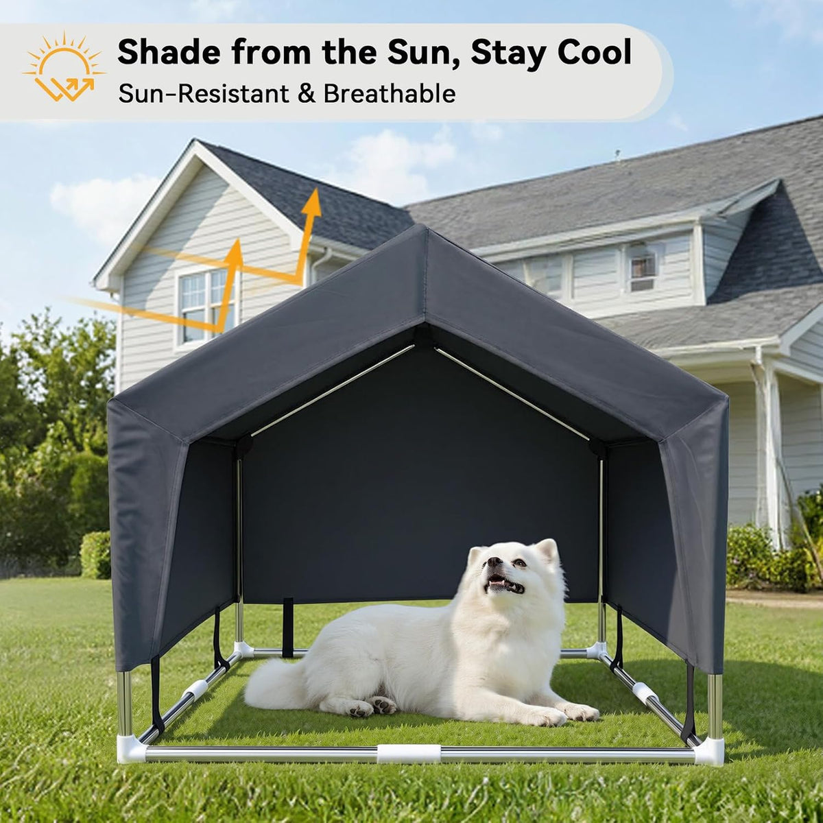 outdoor dog house tent, stainless steel frame dog shown in use