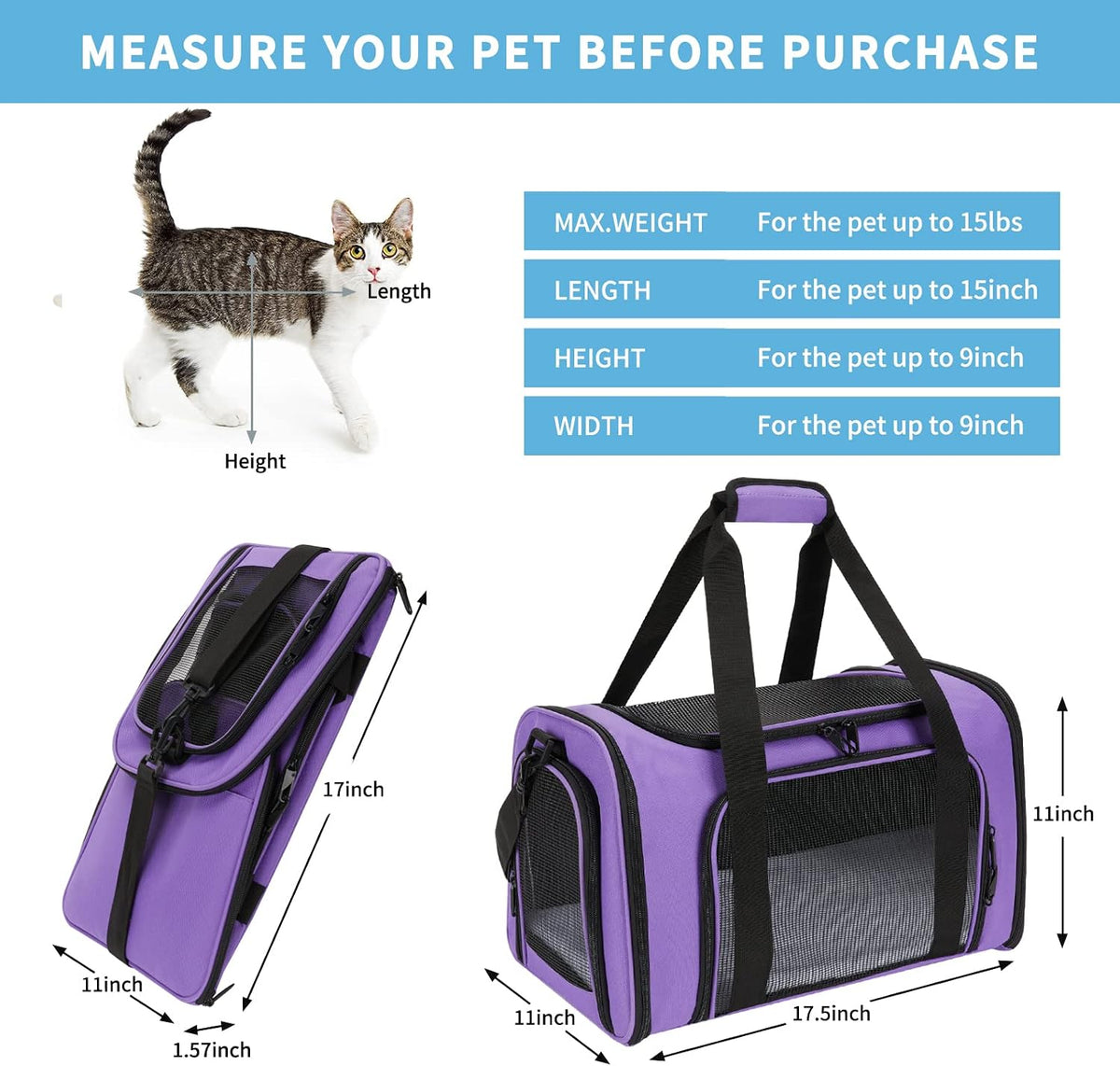 pet carrier - airline & tsa approved soft showing dimensions