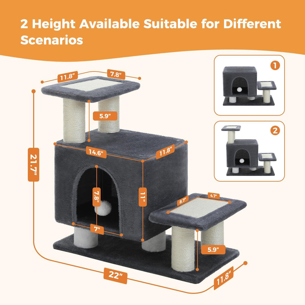 3-in-1 cat stairs with scratching post & condo shown in use