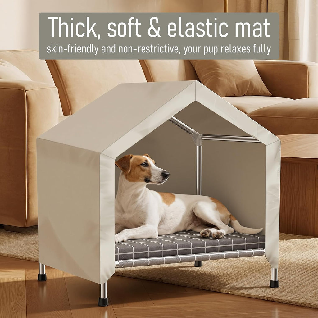 elevated dog house with cushion, stainless steel dog on a desk or shelf