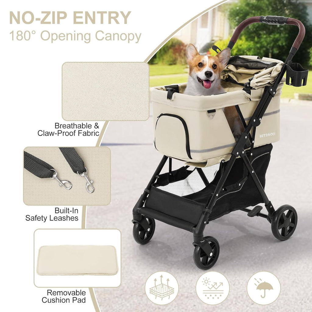 dog stroller with no-zip buckle canopy, fits 2 shown in use
