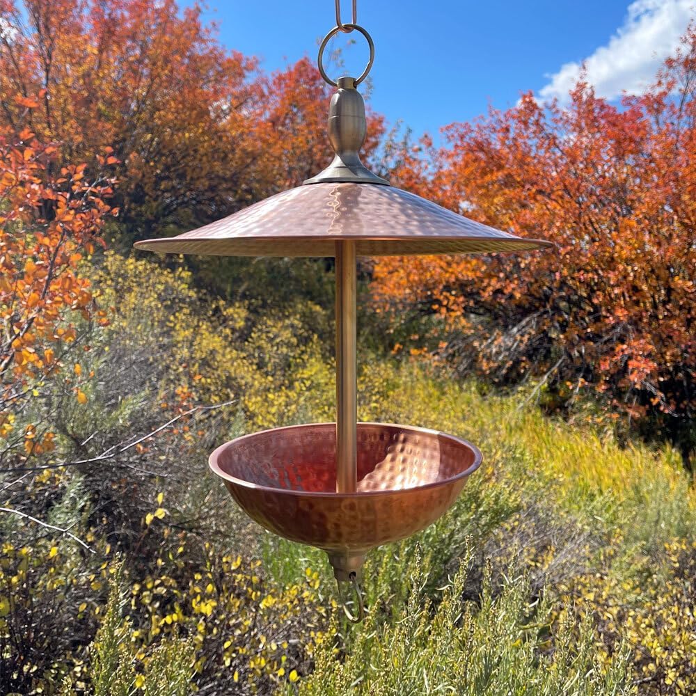 easy fill copper & brass bird feeder (small) shown in use