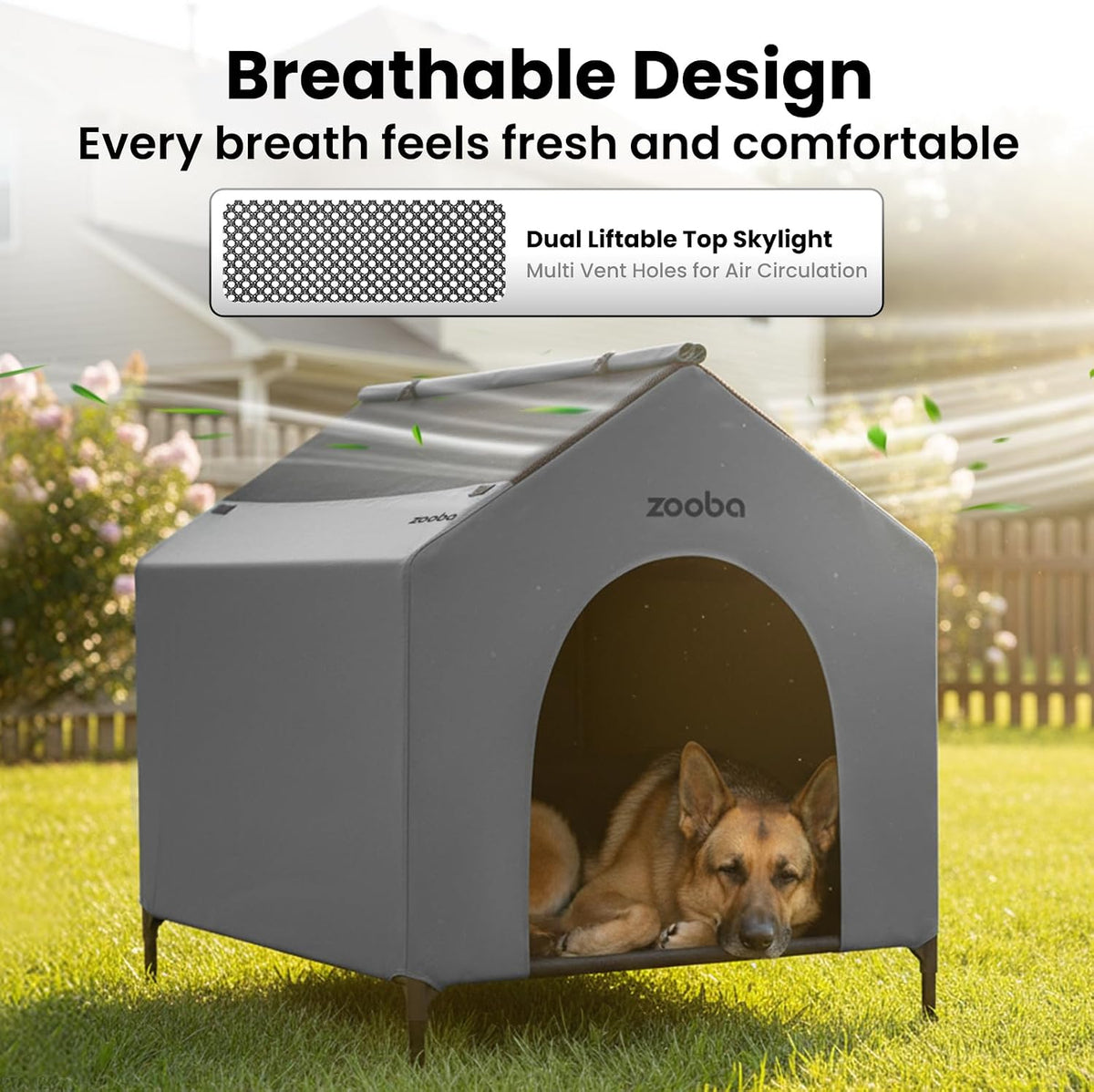zooba 42” outdoor dog house for large breeds shown in use