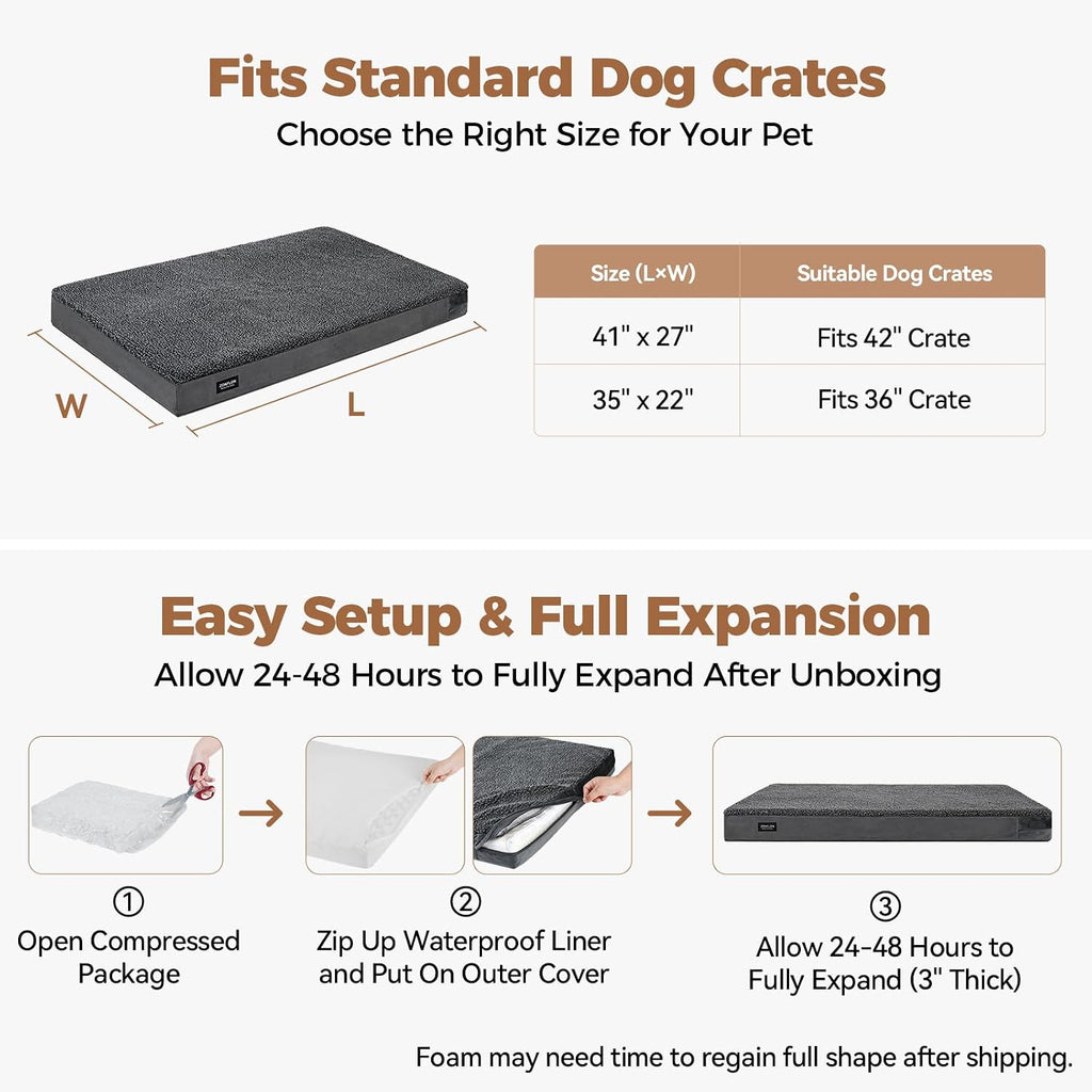 orthopedic dog bed crate pad with waterproof liner on a desk or shelf