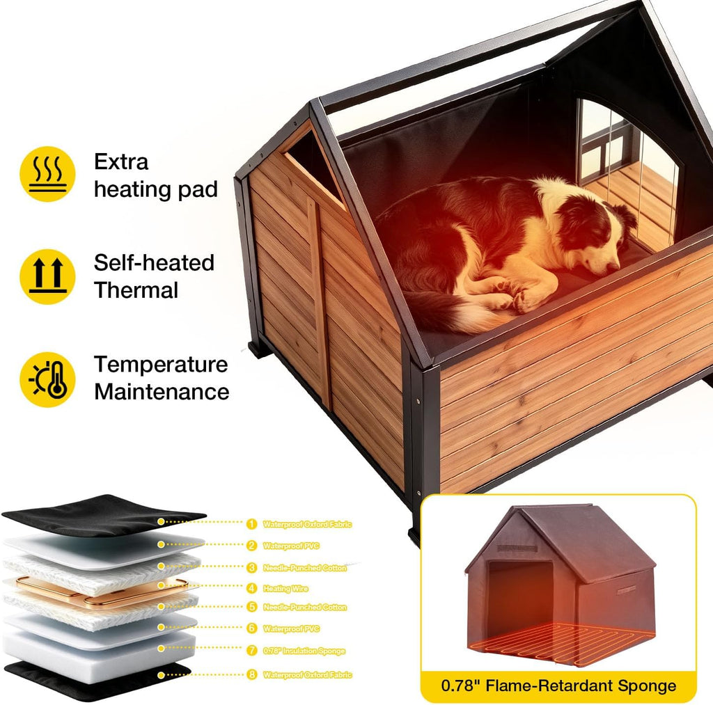 aivituvin heated dog house outdoor with insulated liner,brown shown in use