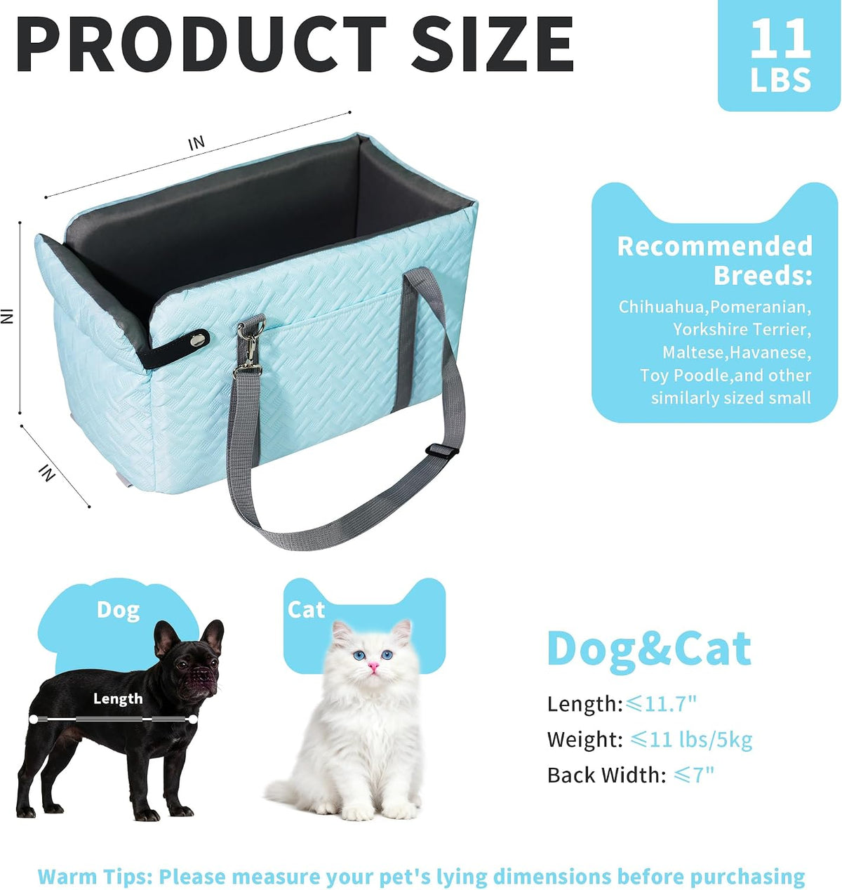 center console dog car seat for small dogs showing dimensions