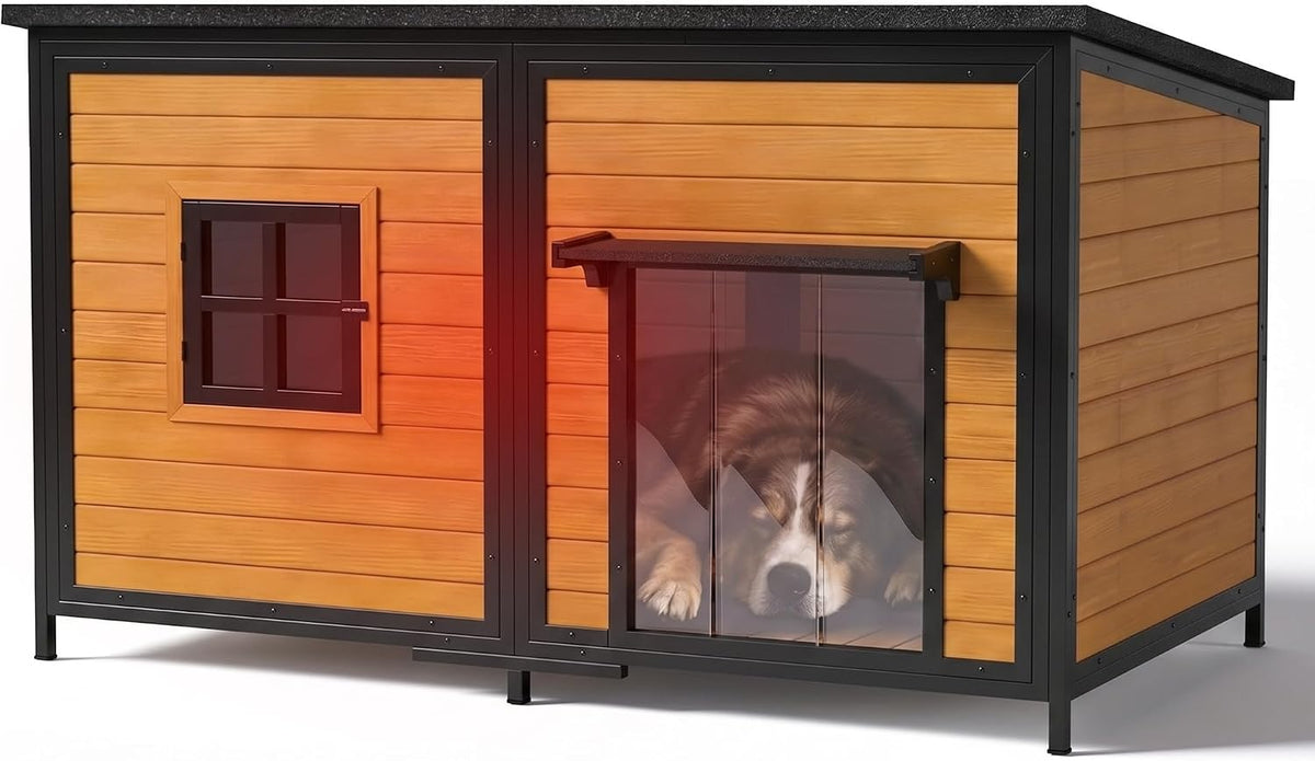 59" insulated extra large dog house, brown, front angle view