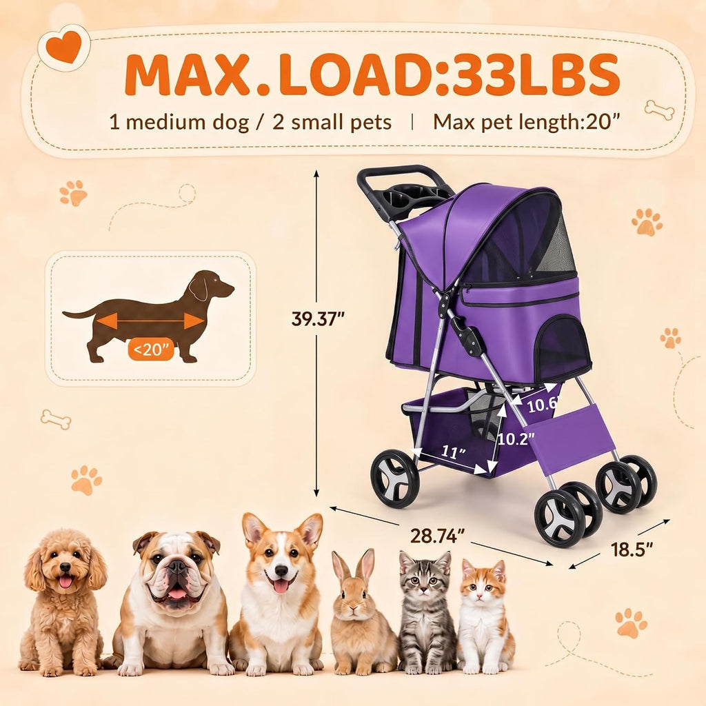 zeny foldable pet stroller, cat/dog stroller with 4 showing dimensions