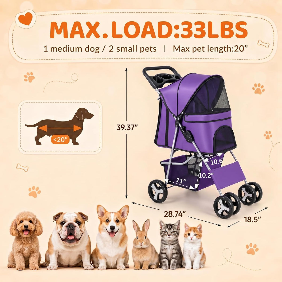 zeny foldable pet stroller, cat/dog stroller with 4 showing dimensions