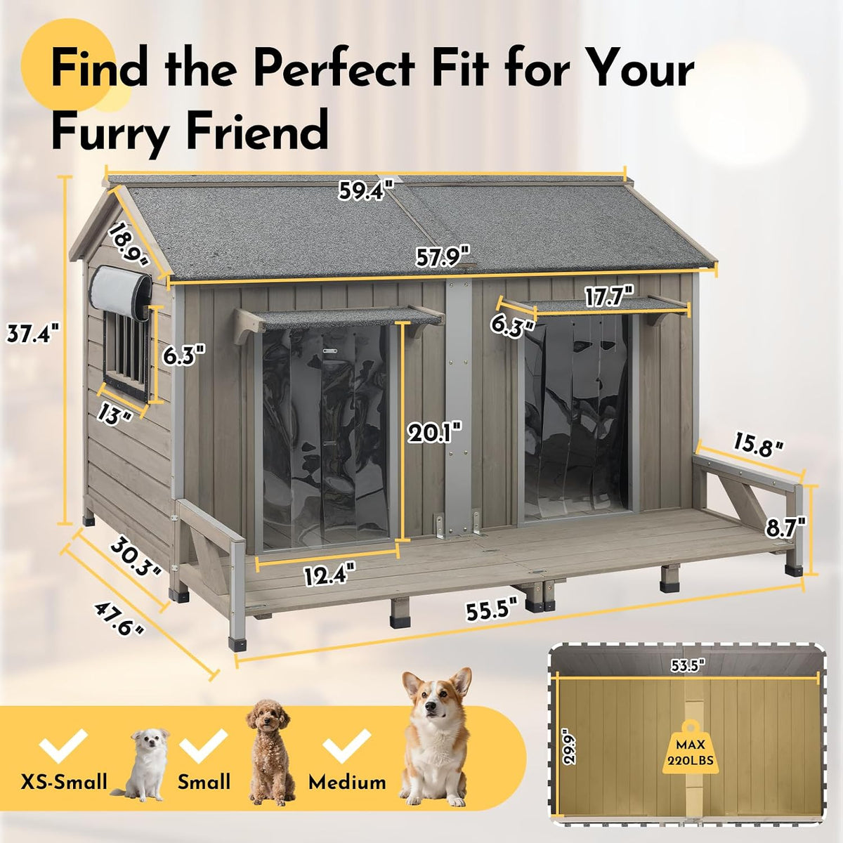 59''l extra large dog house with 2 doors, side view