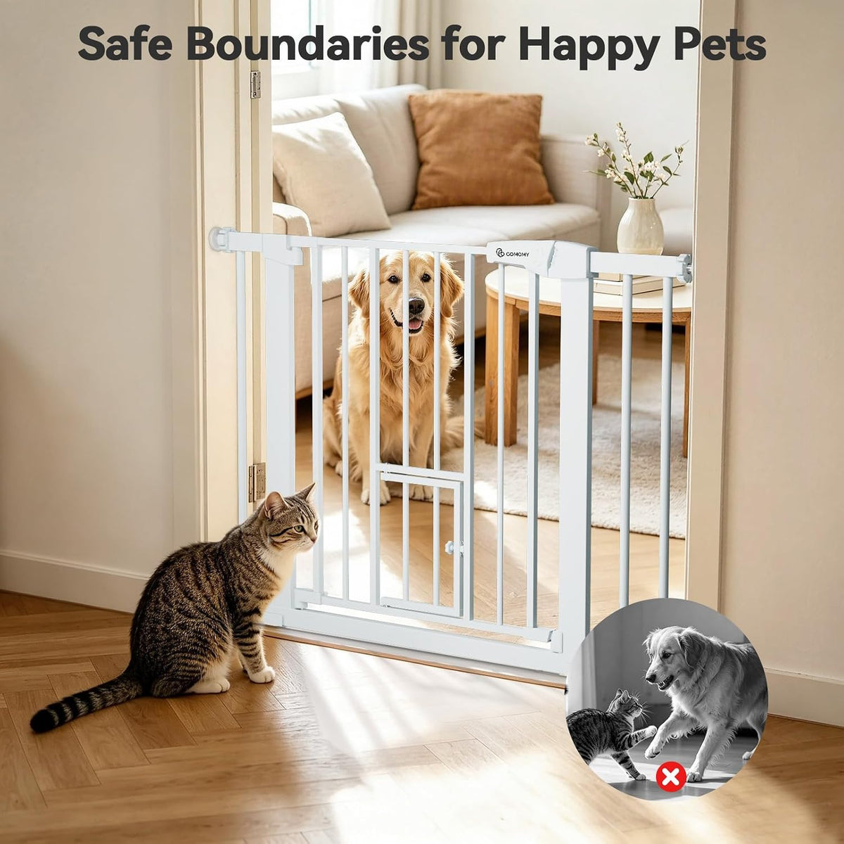 comomy auto close pet gate with cat door, close-up detail