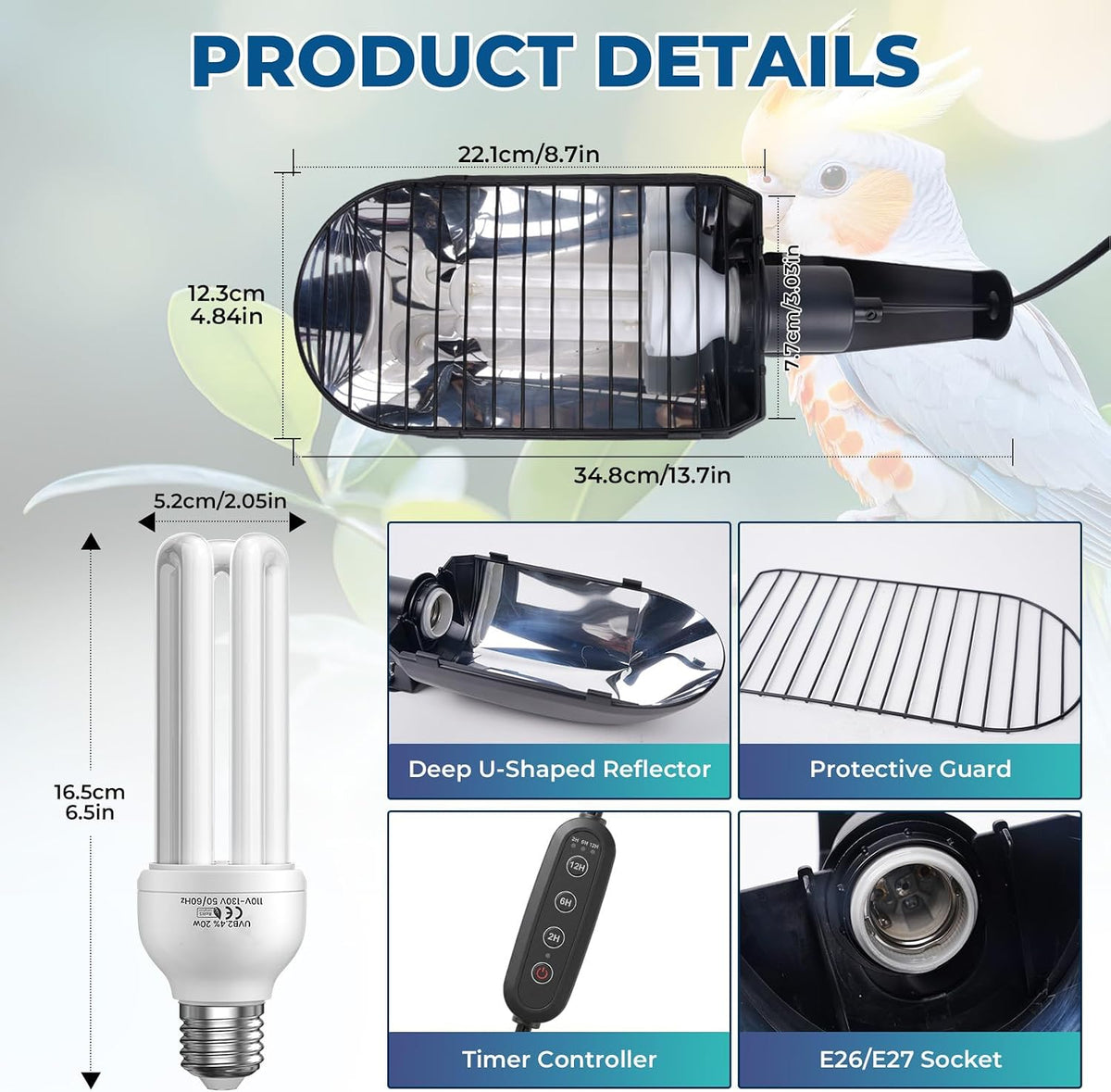 lustaled 2.4% uvb bird cage light fixture combo showing dimensions