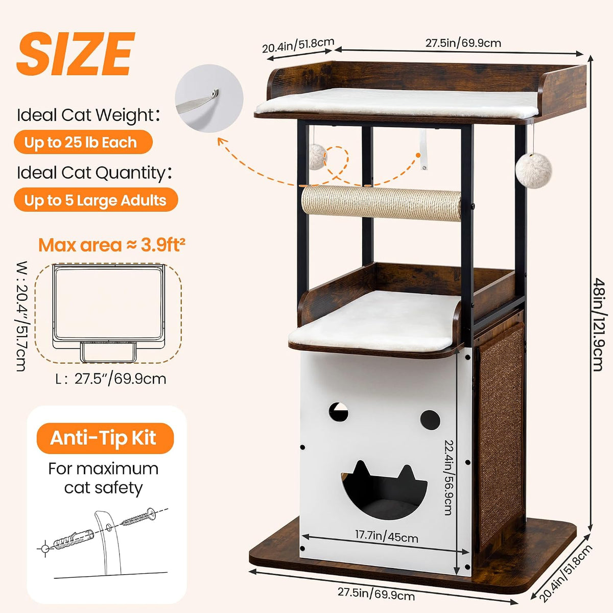 48in wood modern cat tree for large indoor, package contents