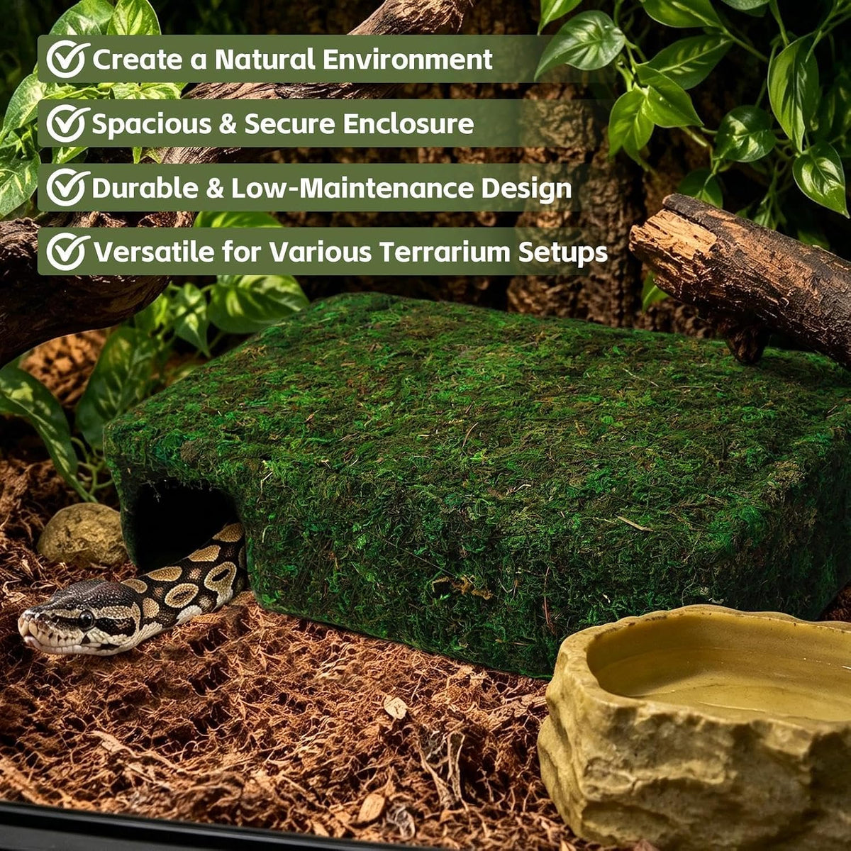 l size green moss cave hide, reptile shelter showing dimensions