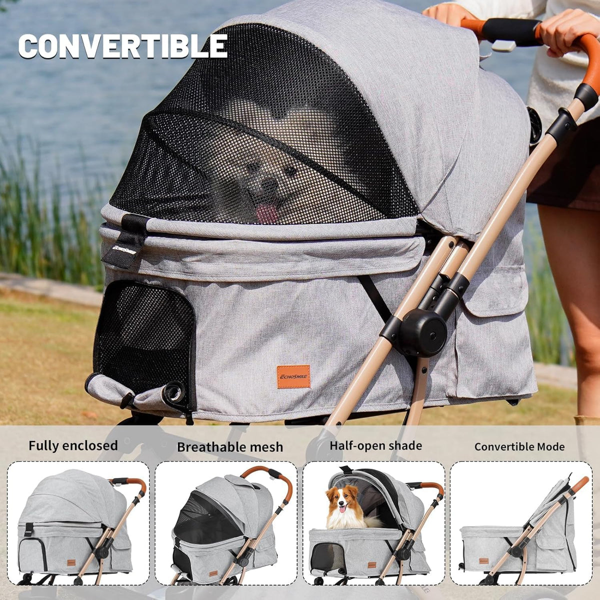 echosmile small medium dogs stroller 4-wheel pet strollers, side view