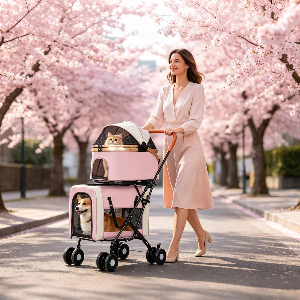 double pet stroller, 4 lockable wheels for small‑medium on a desk or shelf