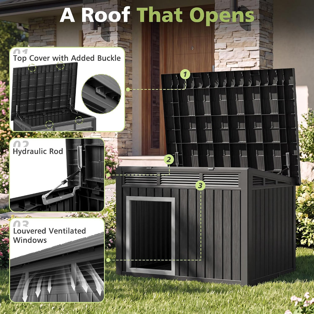 fancyango outdoor dog house for large dogs, outside, close-up detail