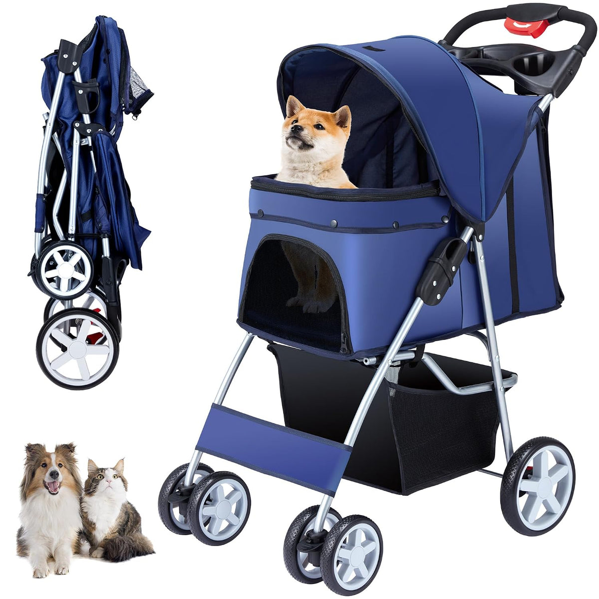 unisakey foldable 4-wheel pet stroller for dogs cats, main product view