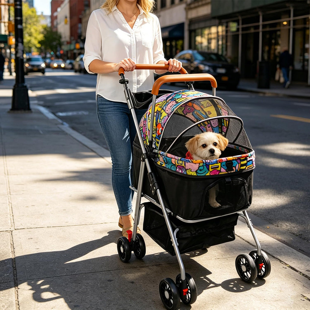 pet stroller with storage basket and cup holder showing dimensions