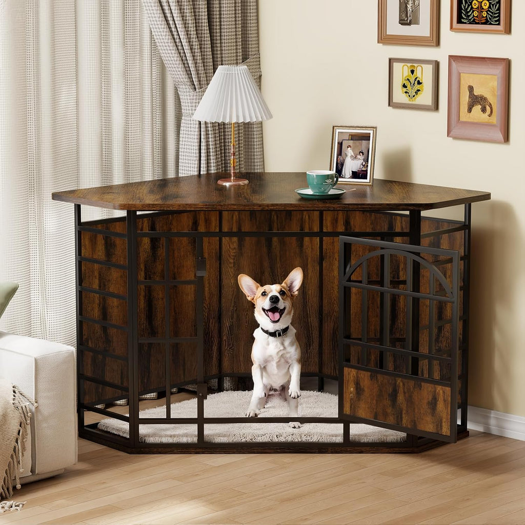 cozpaw 52" corner dog crate furniture, brown, view 9