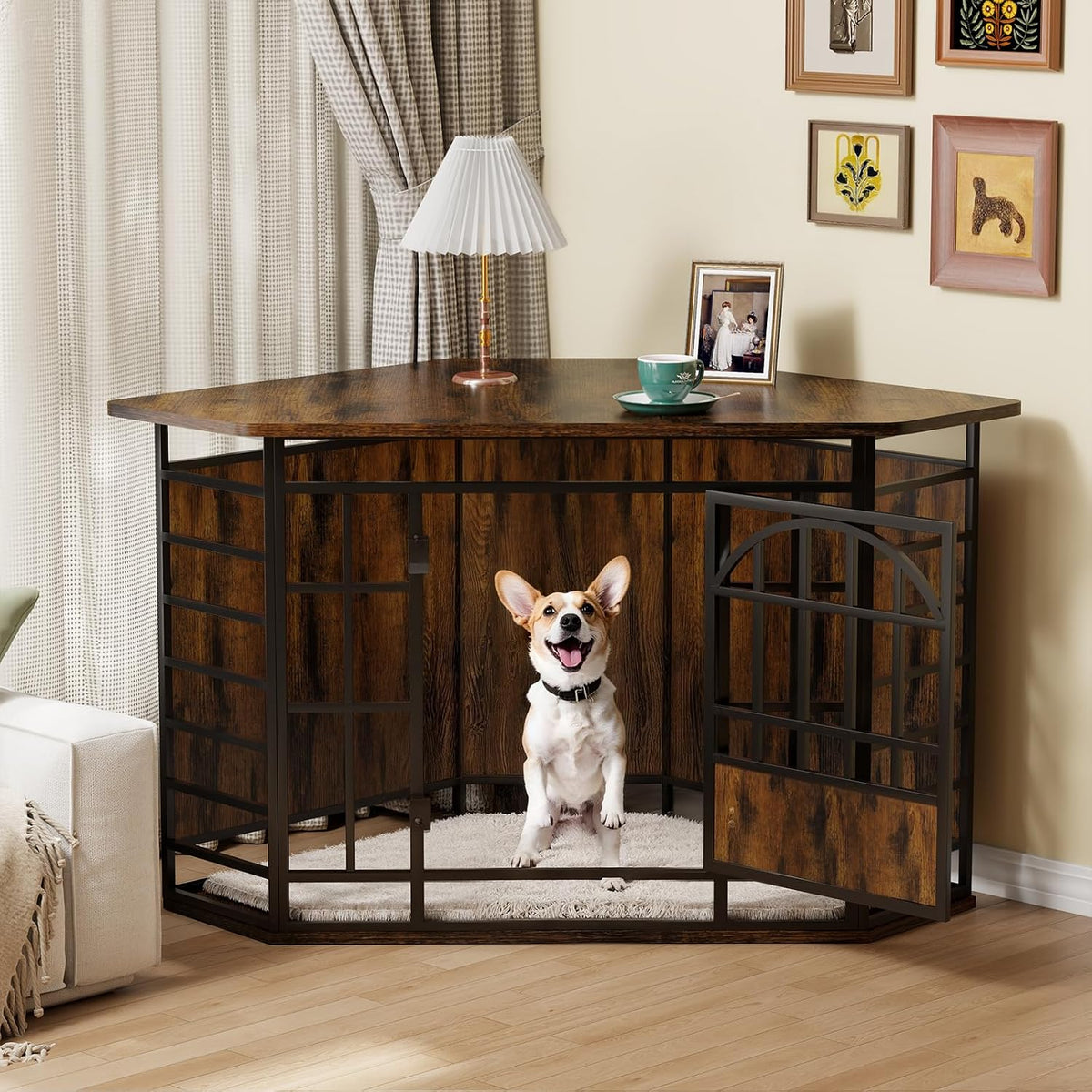 cozpaw 52" corner dog crate furniture, brown, view 9