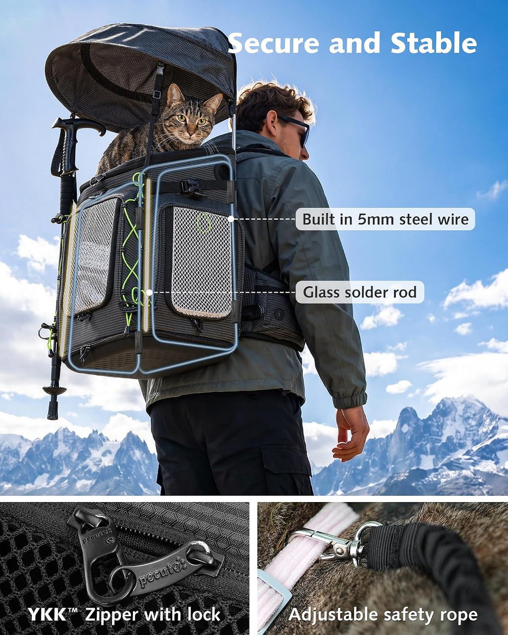pecute cat backpack carrier,pet carrier backpack for hiking,ergonomic,black showing dimensions