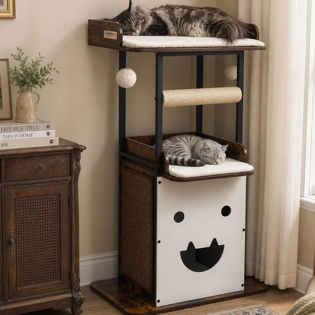48in wood modern cat tree for large indoor shown in use