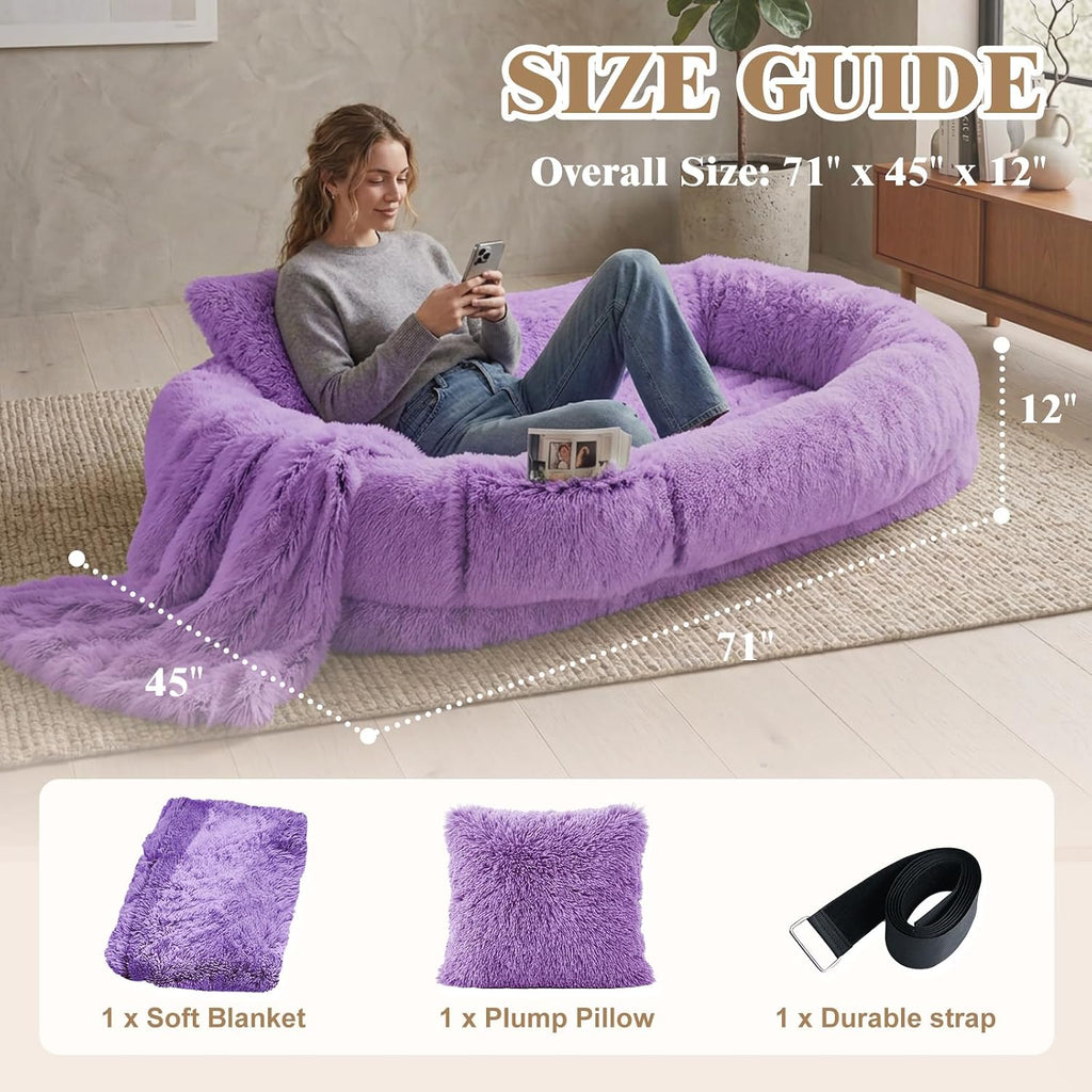 human dog bed, 71''x45''x12'' size fits you and shown in use