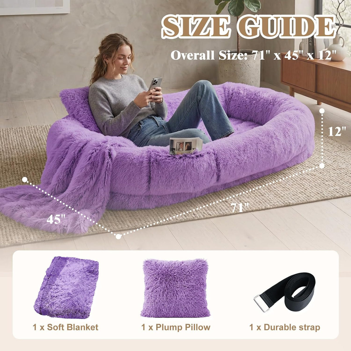 human dog bed, 71''x45''x12'' size fits you and shown in use