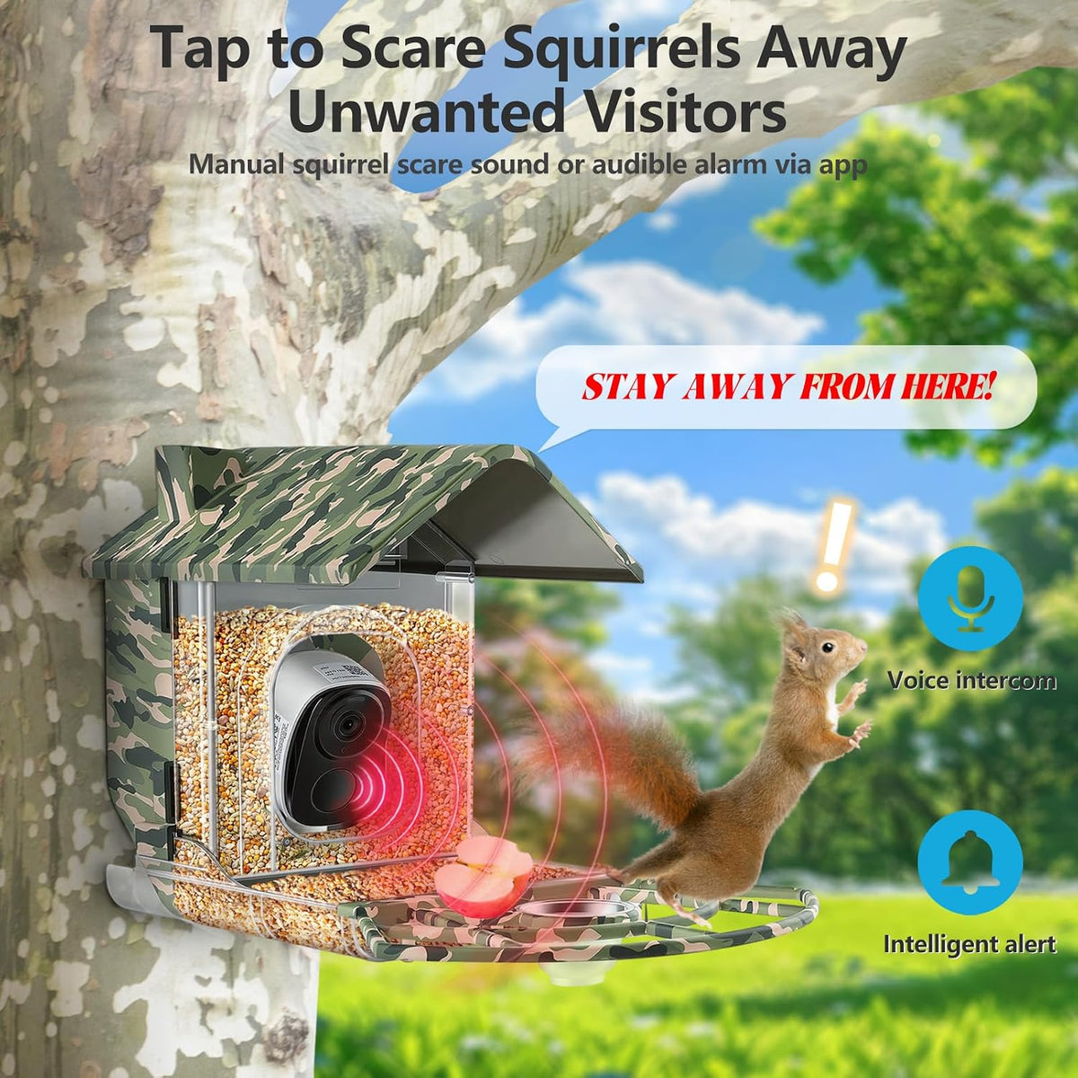 smart bird feeder camera, 4k solar, ai id showing dimensions