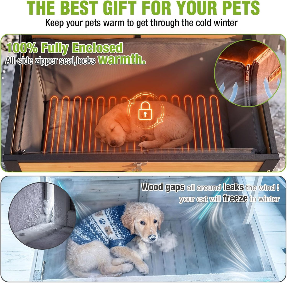 heated dog house outdoor 35.5" large dog kennel, side view