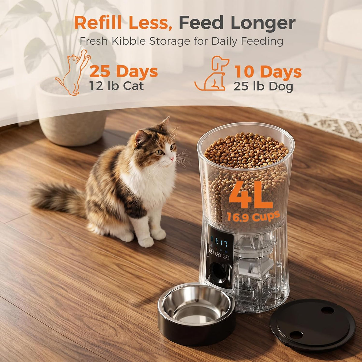 sweetcrispy automatic cat feeder, 4l cat food dispenser, side view