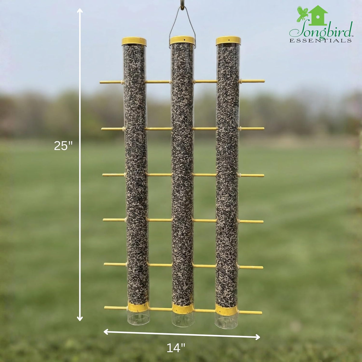 songbird essentials finches favorite yellow 3 tube thistle, side view