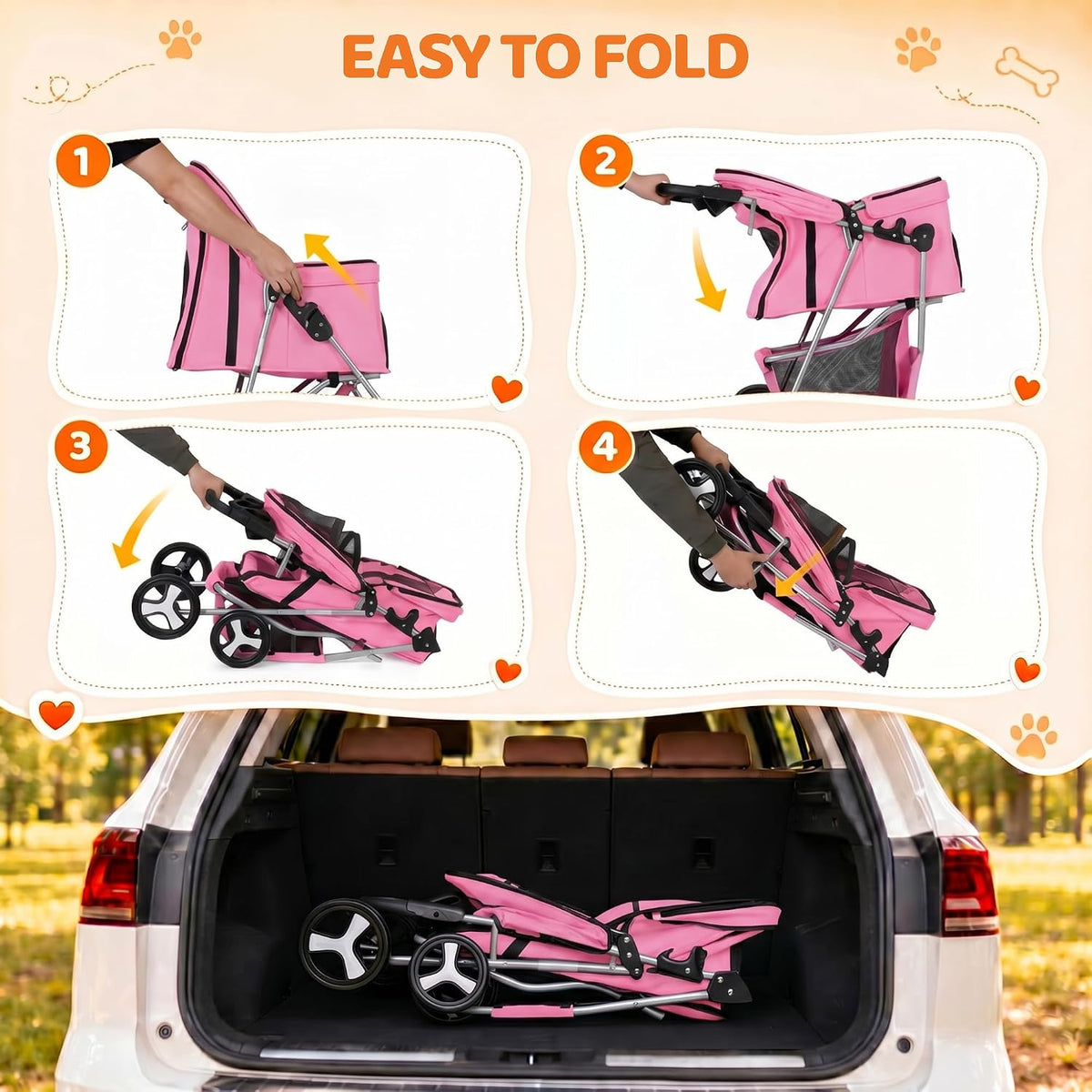 zeny foldable pet stroller, cat/dog stroller with 4 showing dimensions